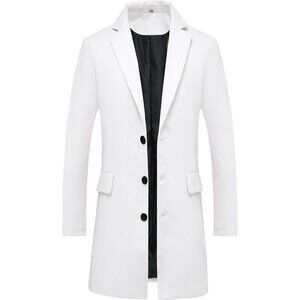 Men's White Classic Wool Blend Single-Breasted Mid-Length Trench Pea Overcoat